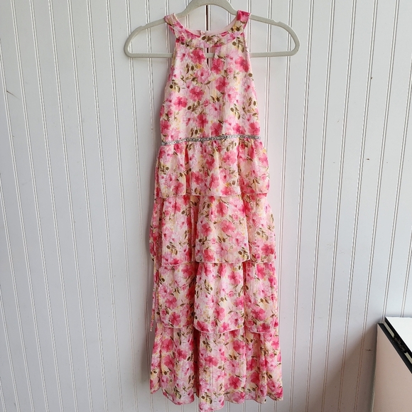 Speechless Girls Multi-Tiered Ruffled Pink Floral Dress Maxi Long Sz 8 - Picture 1 of 12